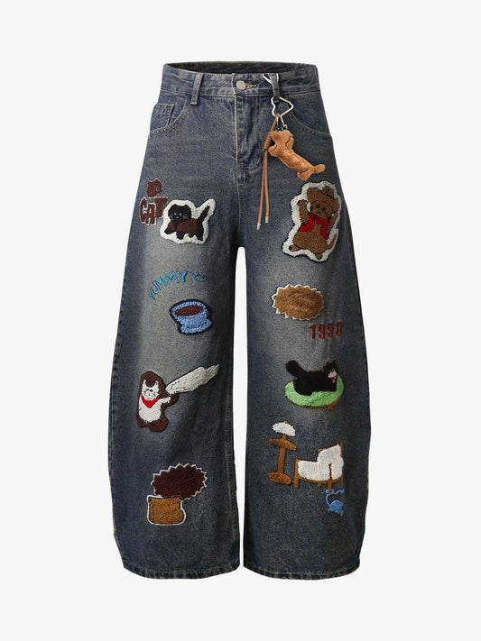 Unique Embroidered Wide-Leg Jeans with Quirky Patches for Fashion Lovers