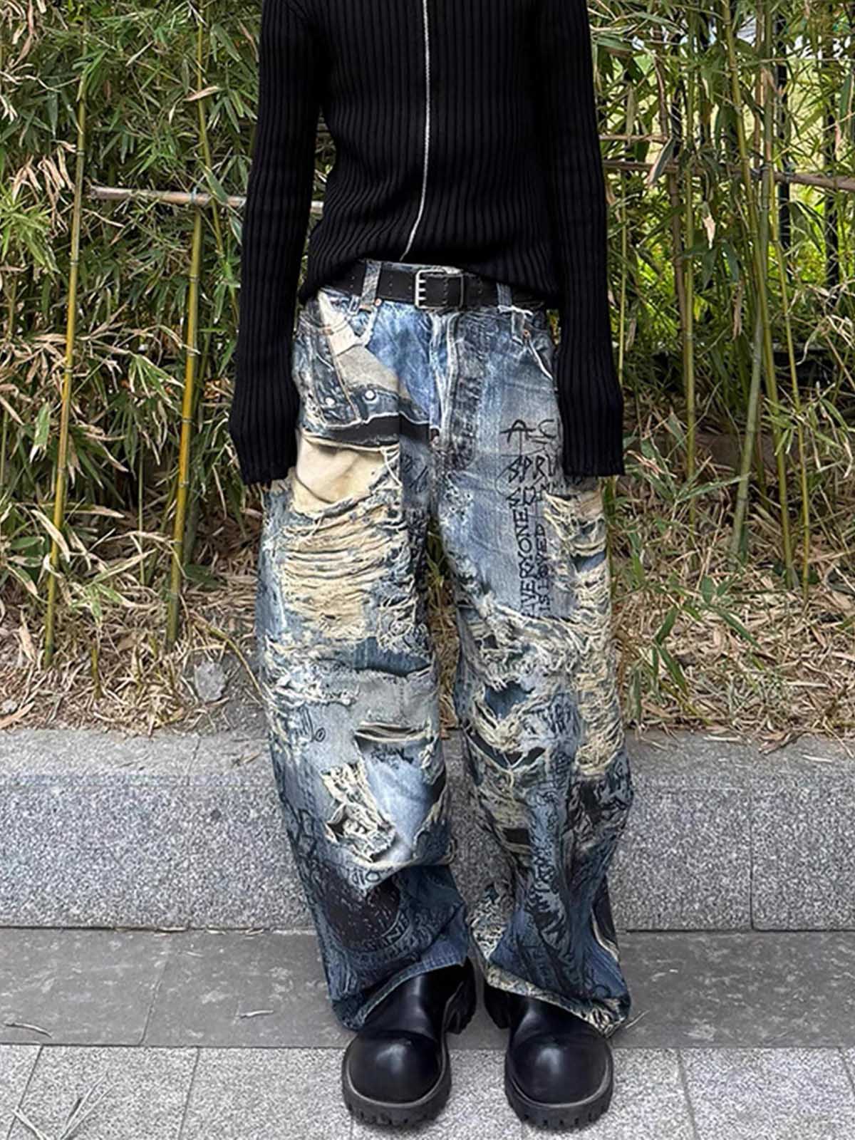 Ripped Holes Torn Optical Printed Jeans