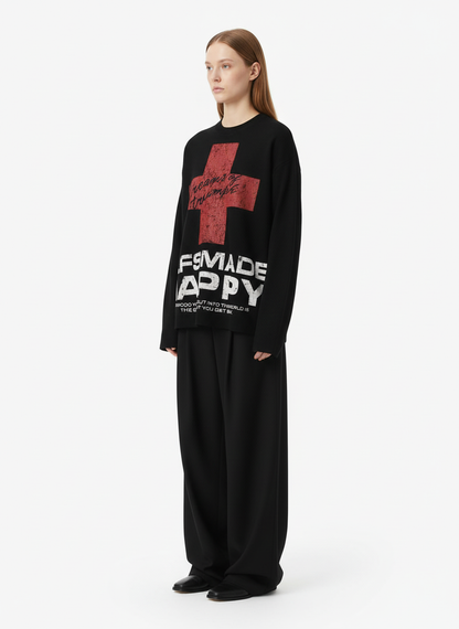 Street Cross Lettering Print Long-Sleeved T-Shirt