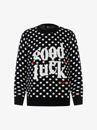 Stylish Polka Dot Sweater with "Good Luck" Embroidery for Festive Occasions