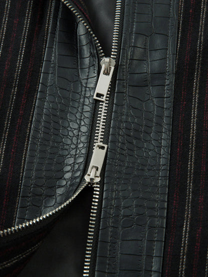 Thesupermade Retro Vertical Stripes Stitching PU Leather Collar Jacket