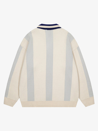 Vertical Striped Colorblock Lapel Sweater