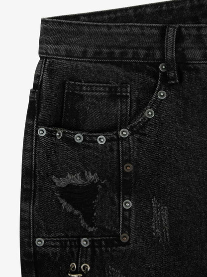 Vintage Washed Distressed Metal Ring Baggy Jeans