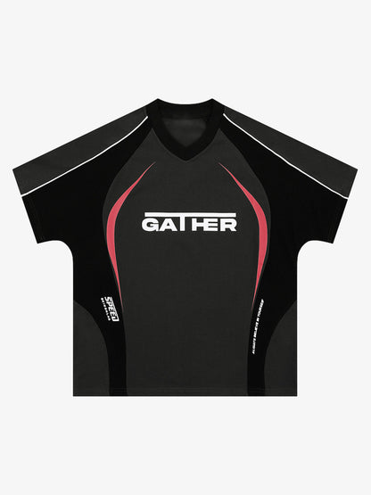 Contrast Color Stitching V-neck Short-sleeved T-shirt