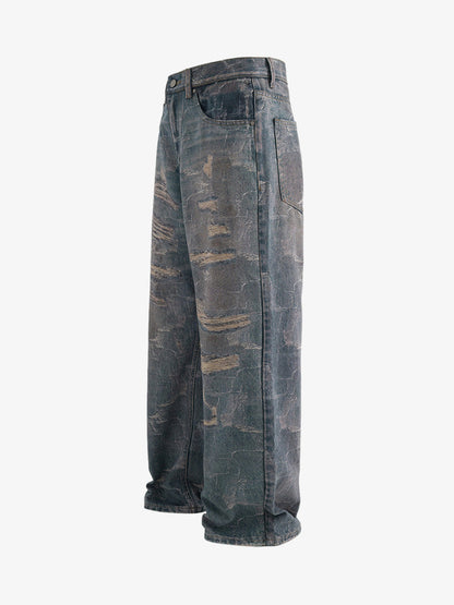 Washed Ripple 3D Print Loose Wide-Leg Jeans