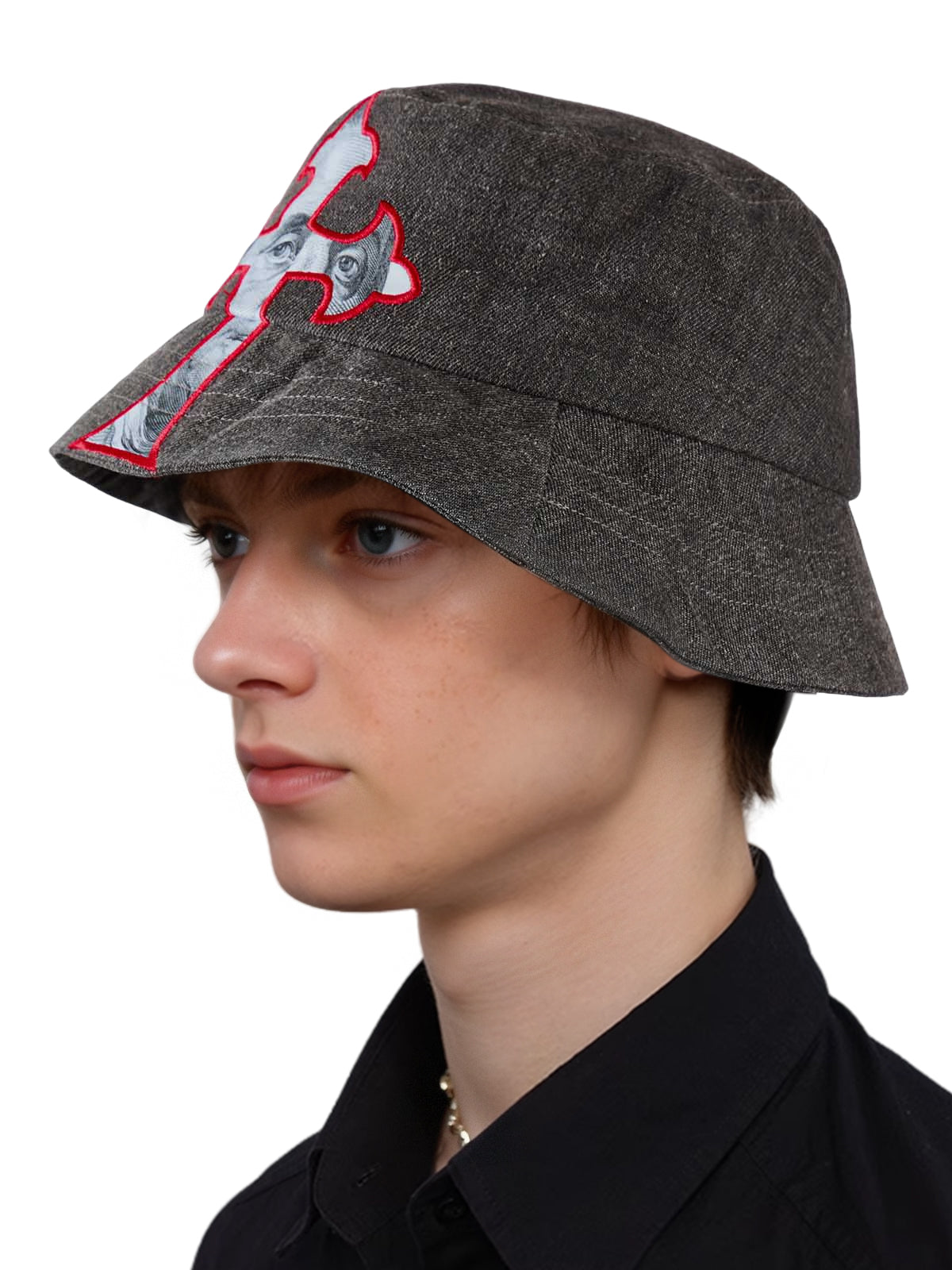Cross And Portrait Denim Bucket Hat