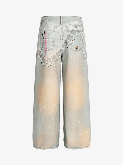 Unique Artistic Denim Trousers with Embellished Details for Women