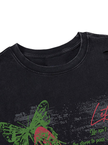 Distressed Graphic Butterfly Print Vest