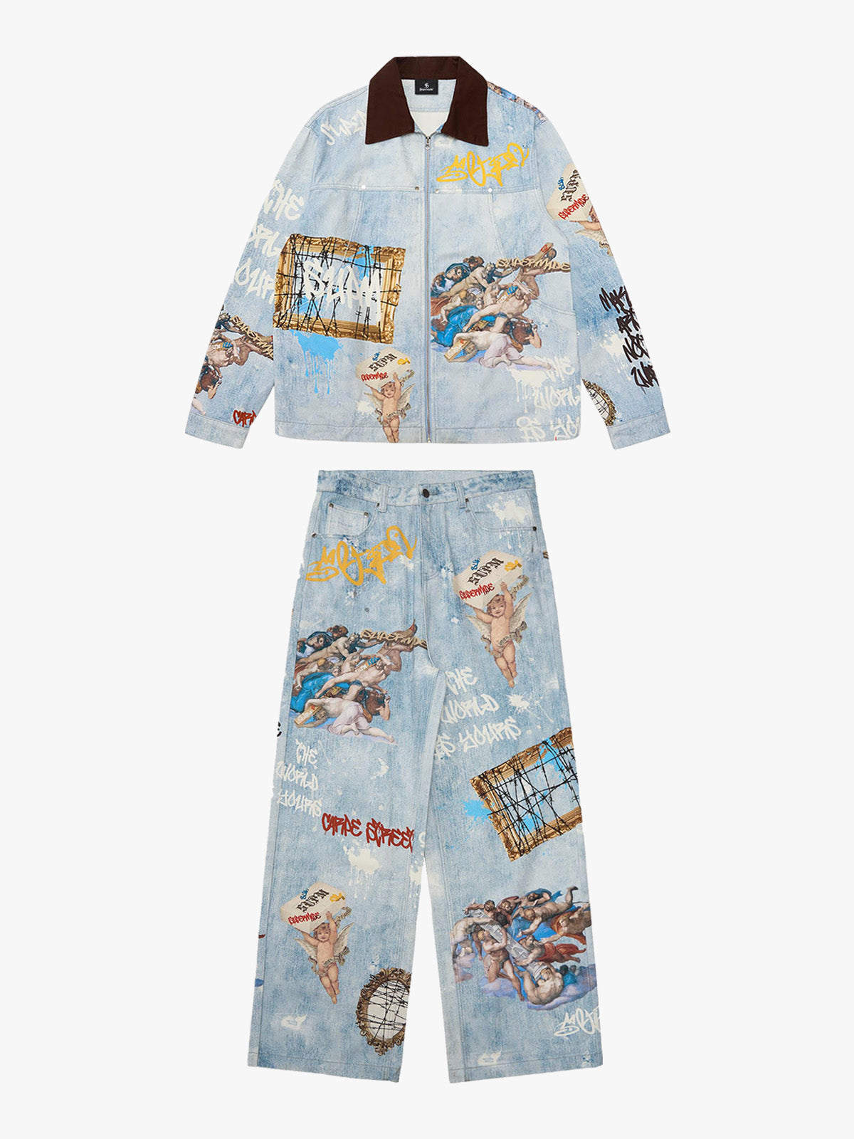 Artistic Graffiti Print Denim Jacket and Pants Set