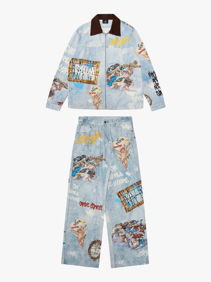 Artistic Graffiti Print Denim Jacket and Pants Set