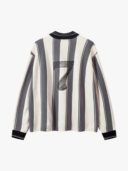 Retro Striped Polo Collar Sports Jersey Knit Sweater