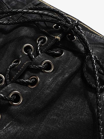 Stylish Black Lace-Up Wide-Leg Jeans for Women - Perfect for Casual and Fashionable Looks