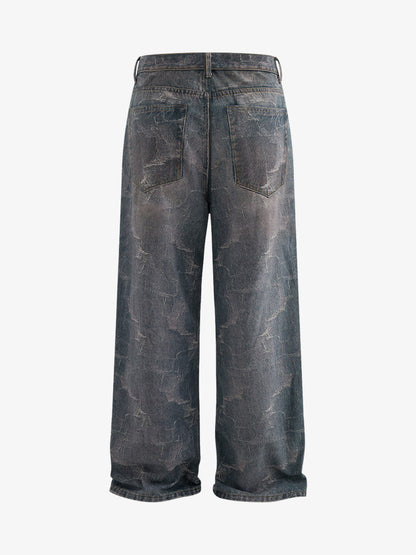 Washed Ripple 3D Print Loose Wide-Leg Jeans