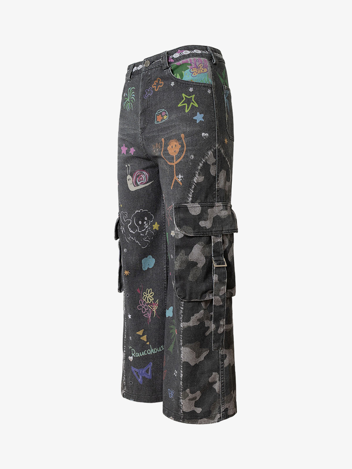 Thesupermade Graffiti Print Cold Transfer Camouflage Layered Cargo Jeans