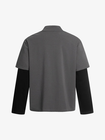 Faux Two-Piece Layered Half-Zip Pullover Long Sleeve T-Shirt