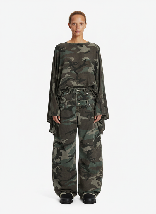 Retro Double Waist Camouflage Barrel Jeans