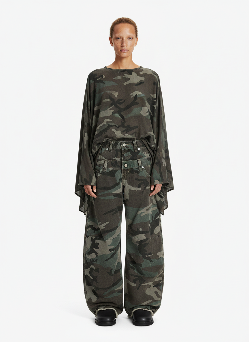 Retro Double Waist Camouflage Barrel Jeans