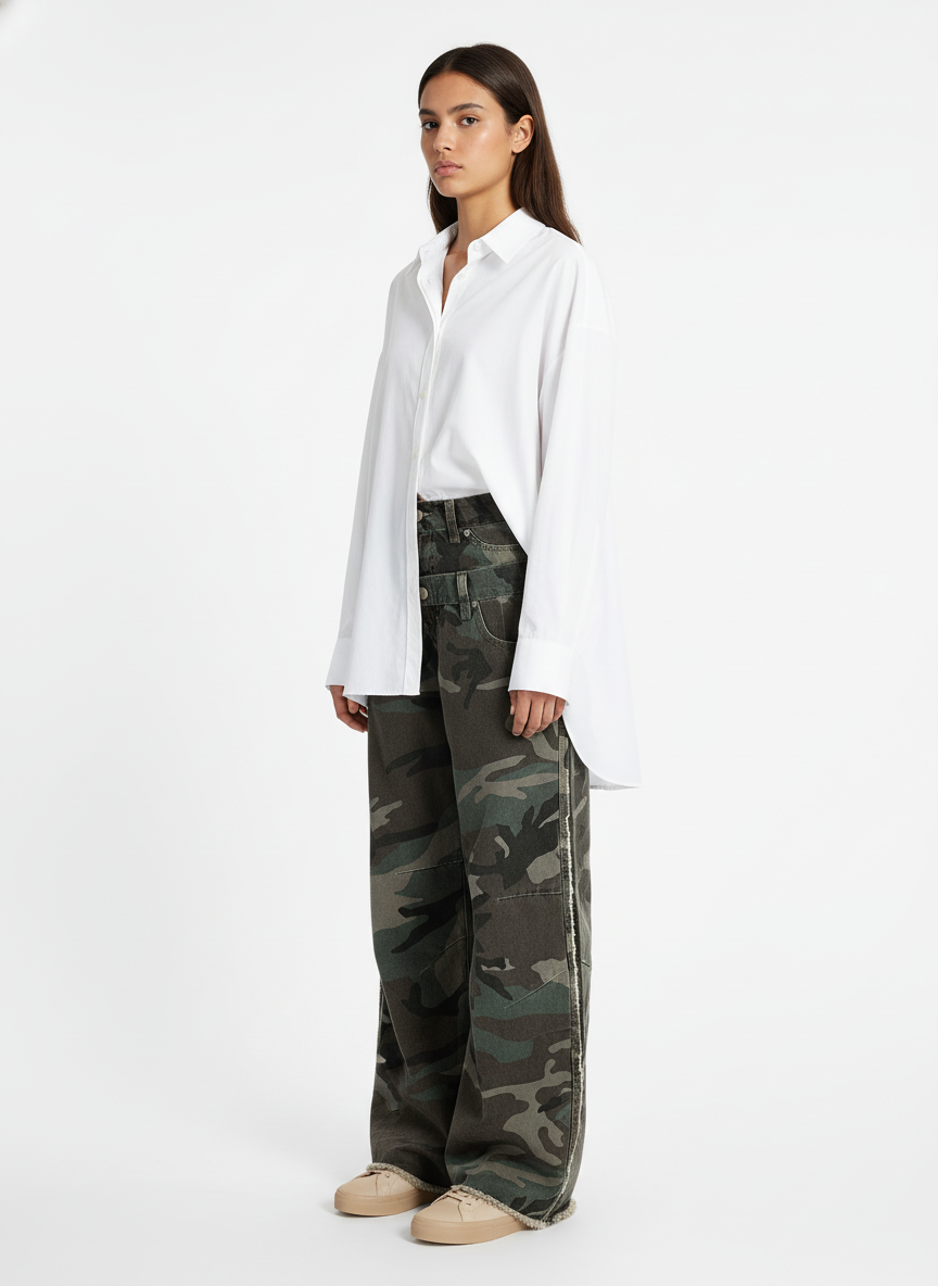 Retro Double Waist Camouflage Barrel Jeans