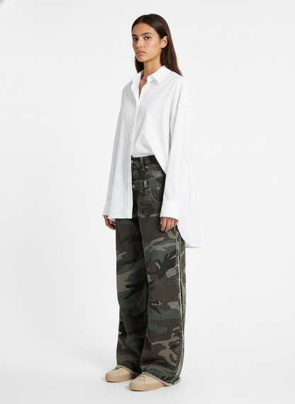 Retro Double Waist Camouflage Barrel Jeans