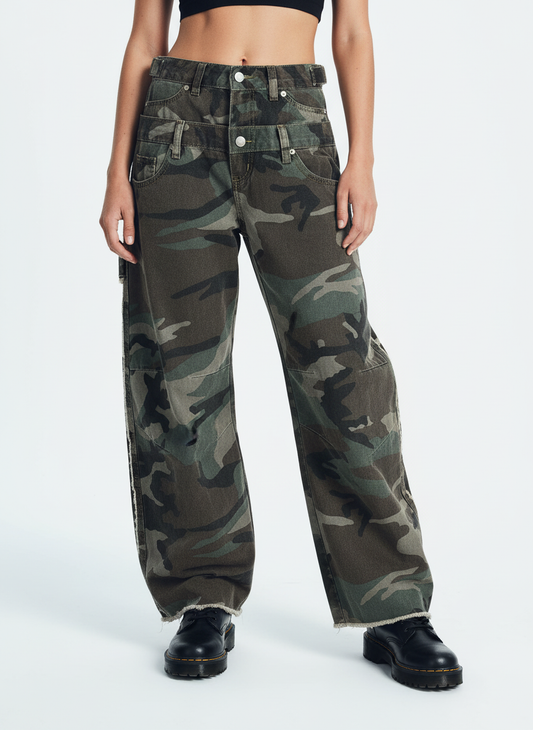 Retro Double Waist Camouflage Barrel Jeans