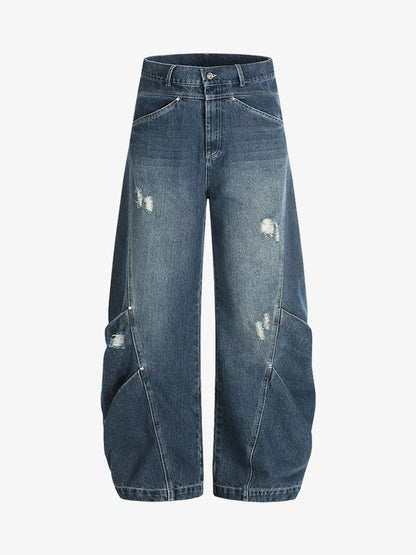 Wide-Leg Denim Trousers with Unique Stitching Design for Women