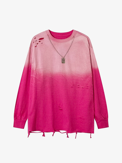 Gradient Hole Contrast Color Long Sleeve T-shirt