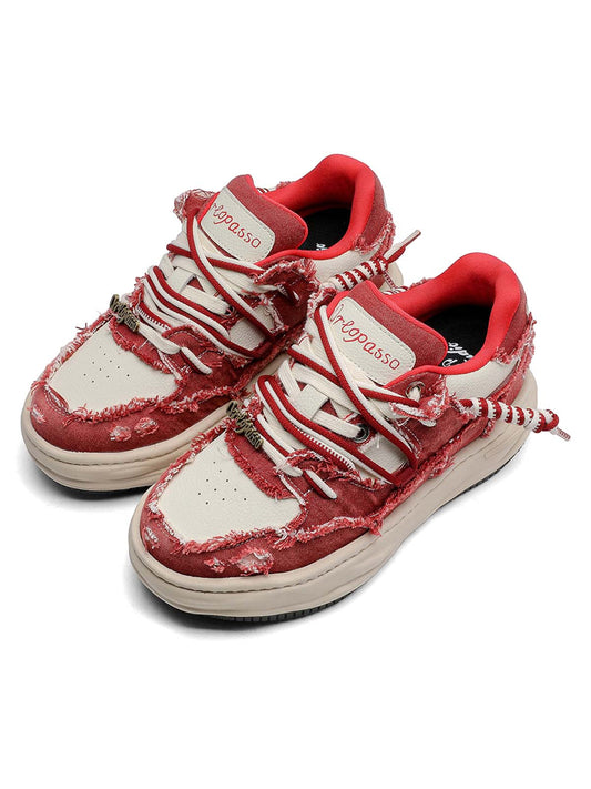 Washed Denim Low-Top Raw Edge Sneakers - 2436