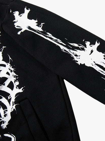 Street Washed Distressed Dark Skeletons Print Hoodie