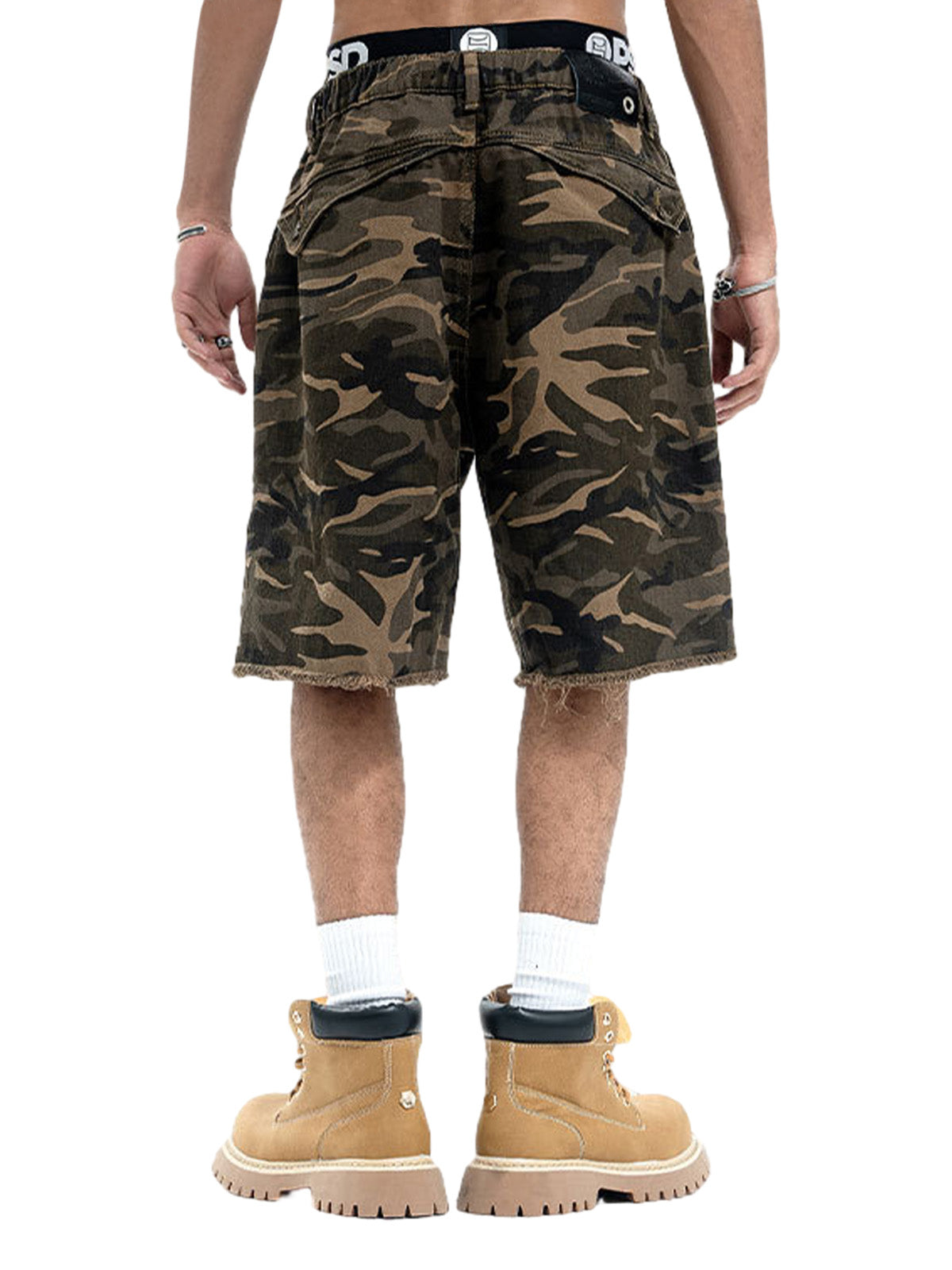 Camouflage Raw Edge Embroidered Cargo Shorts