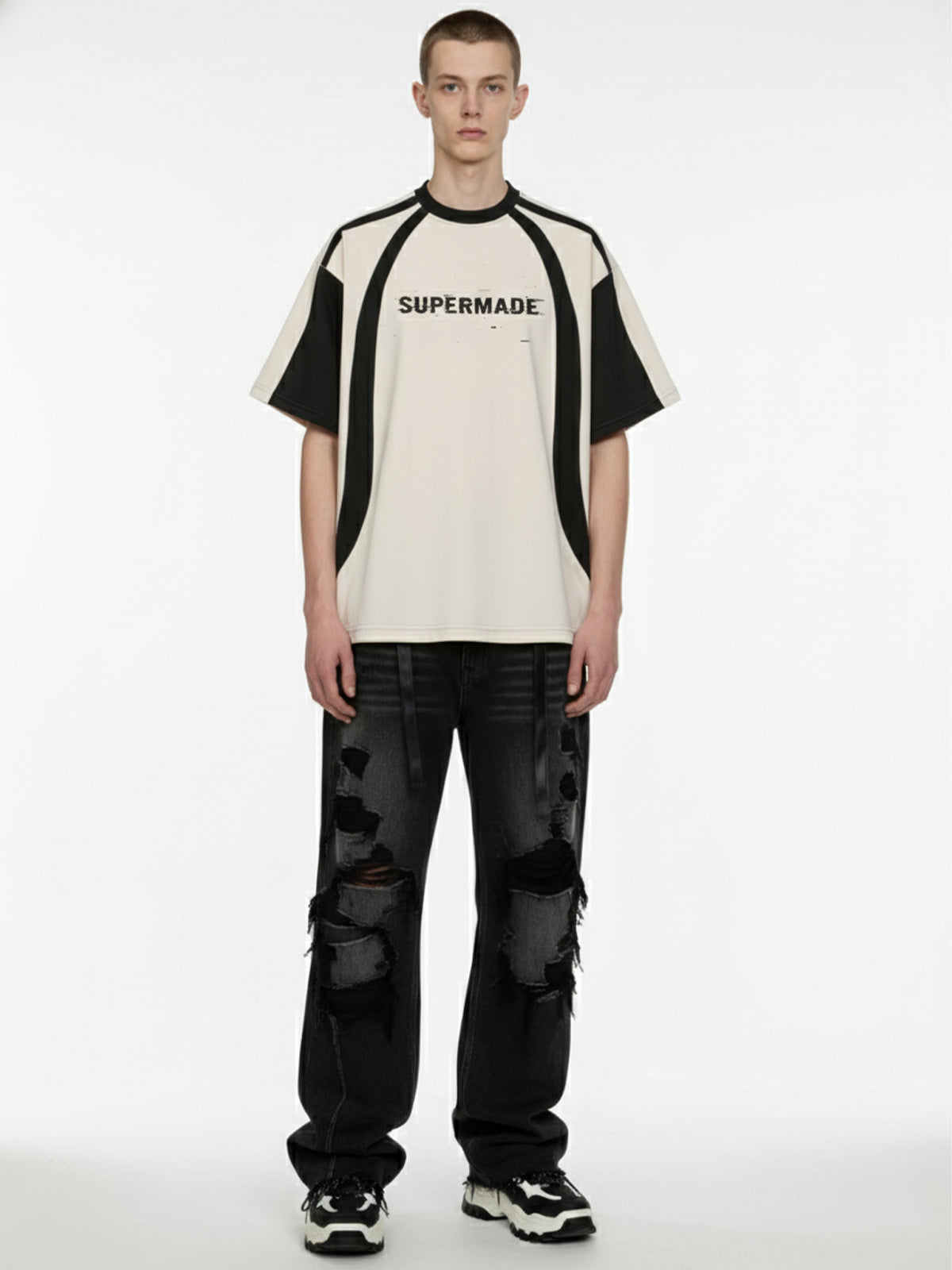 Thesupermade Horizontal Glitch Art Deconstruction Contrast Color Stitching Print T-shirt