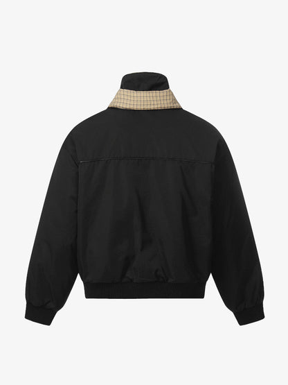 Stylish Black Bomber Jacket with Plaid Collar for Men - Perfect for Casual and Outdoor Wear