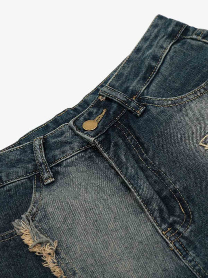 Distressed Denim Jeans with Embroidered Celestial Motifs for Women