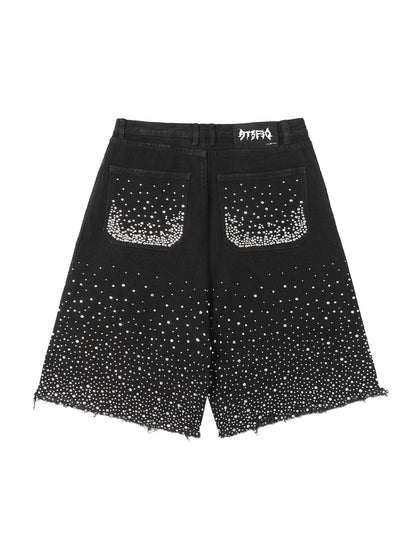 Retro Washed Rhinestone Raw Edge Denim Shorts - 2419