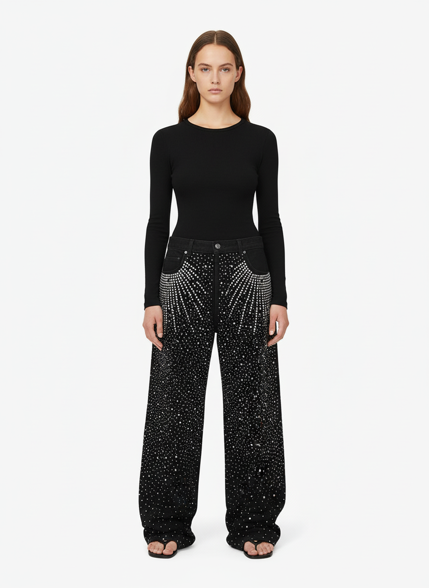 Retro Denim Full Rhinestone Design Baggy Jeans