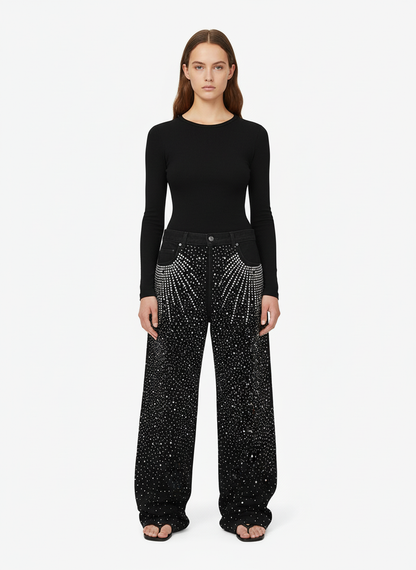 Retro Denim Full Rhinestone Design Baggy Jeans