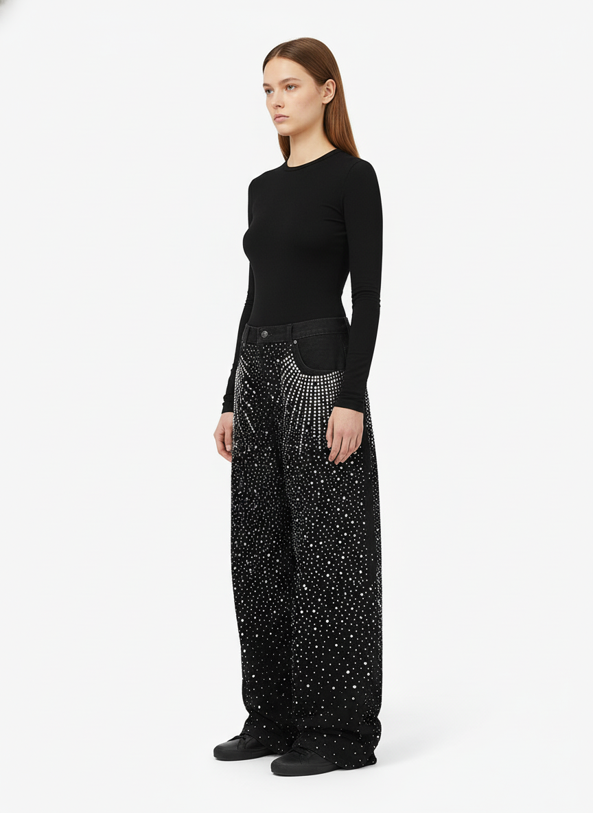 Retro Denim Full Rhinestone Design Baggy Jeans