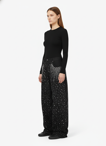 Retro Denim Full Rhinestone Design Baggy Jeans