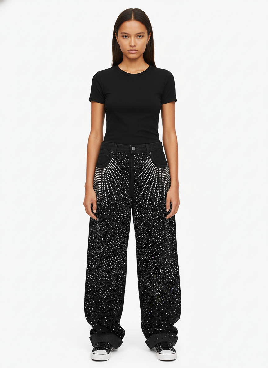 Retro Denim Full Rhinestone Design Baggy Jeans