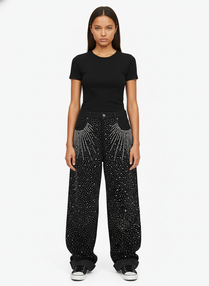 Retro Denim Full Rhinestone Design Baggy Jeans