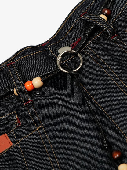 Stylish High-Waisted Denim Trousers with Beaded Drawstring Detail