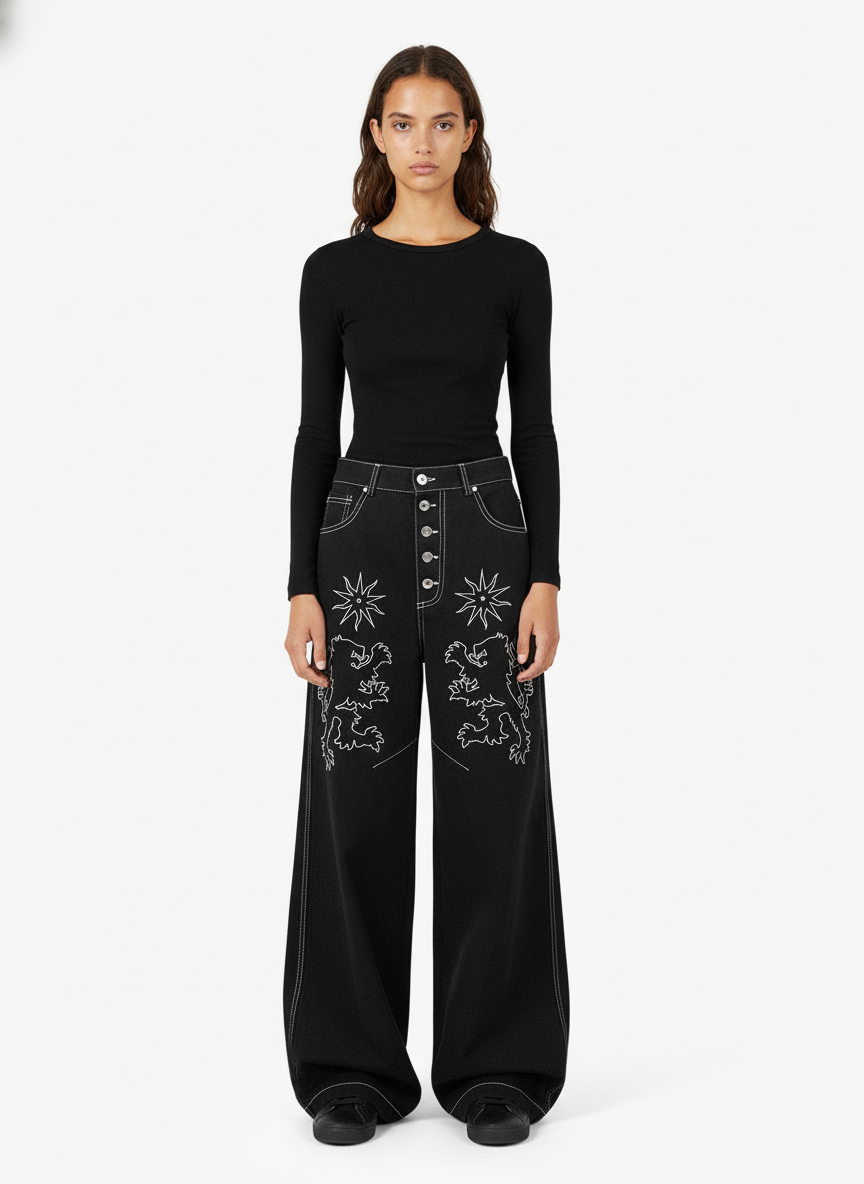 Heavy Contrast Thread Embroidered Multi-Button Jeans