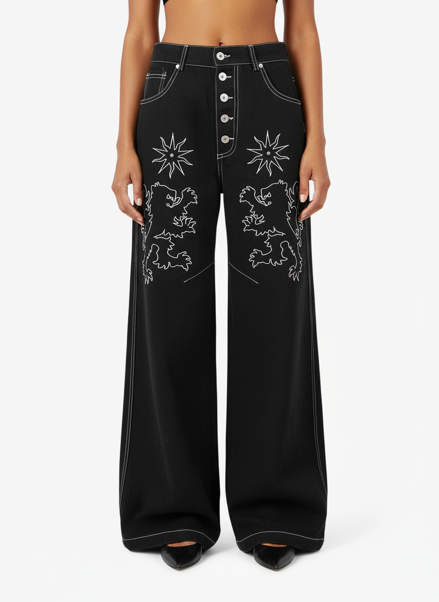 Heavy Contrast Thread Embroidered Multi-Button Jeans