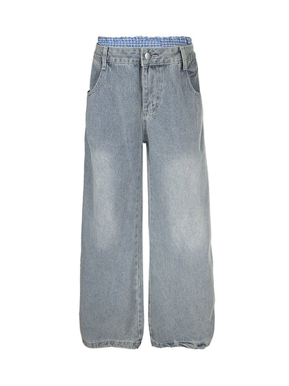 Plaid Double Waist Baggy Jeans