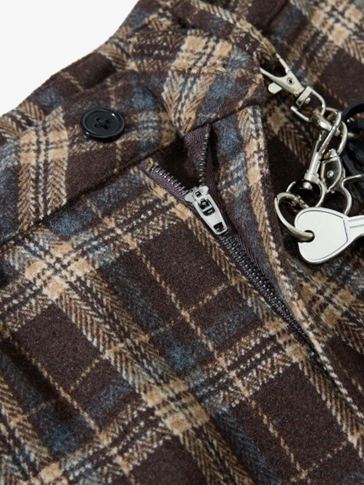 Plaid Jacket with Zipper Detail and Keychain Accessory