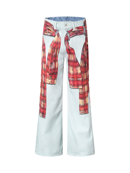 Plaid Print Baggy Jeans