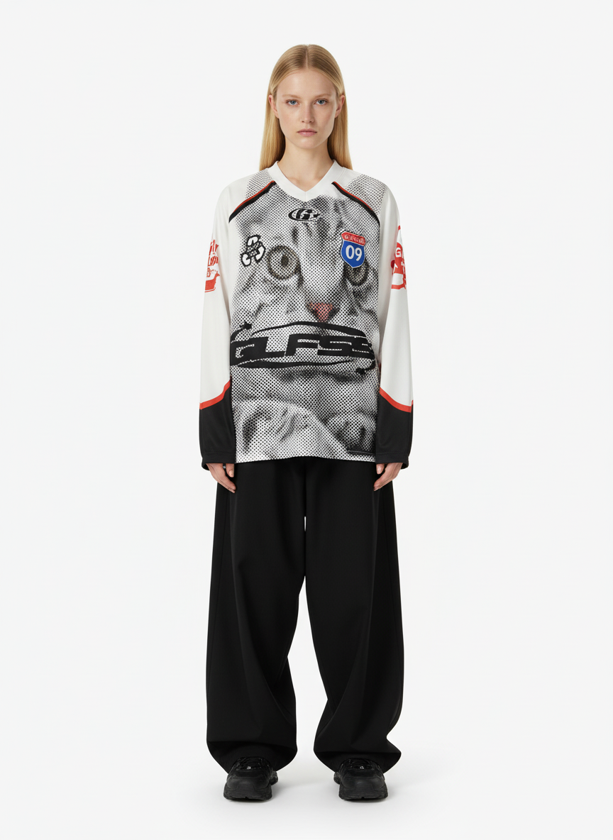 Retro Cat Digital Print Long Sleeve Jersey T-Shirt