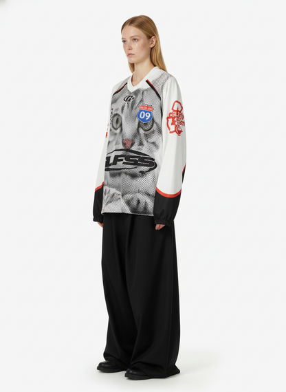 Retro Cat Digital Print Long Sleeve Jersey T-Shirt