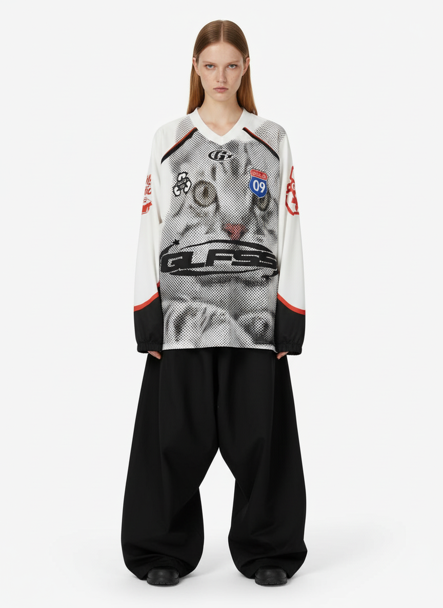 Retro Cat Digital Print Long Sleeve Jersey T-Shirt