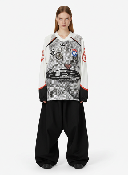 Retro Cat Digital Print Long Sleeve Jersey T-Shirt