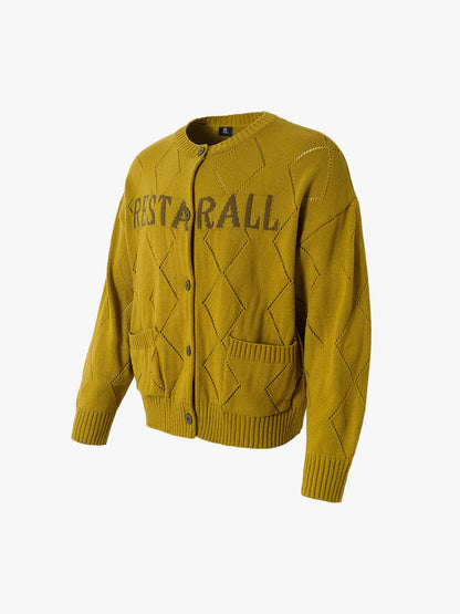 Mustard Yellow Knit Cardigan with Diamond Pattern and Bold Lettering